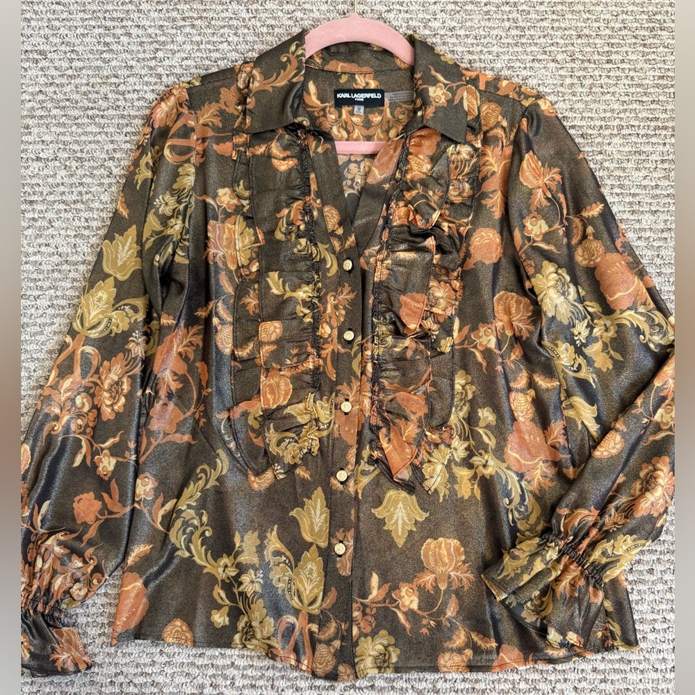 Karl Lagerfeld Brown and Gold Floral semi sheer Shirt